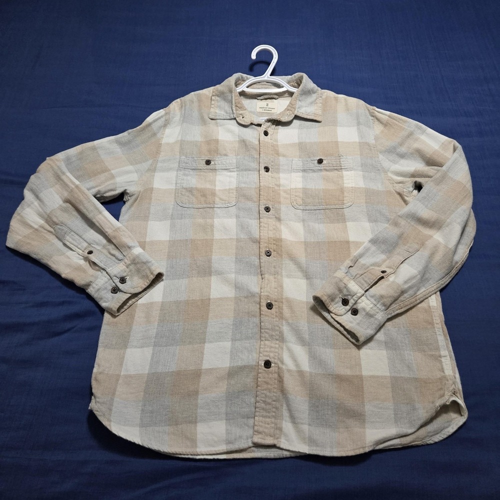 Mutual Weave Shirt Mens Large Beige Plaid Flannel Long Sleeve Button Up Cotton‎